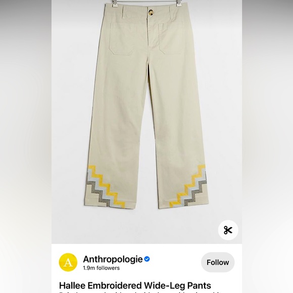 Maeve Hallee Embroidered Wide Leg Cropped Pant from Anthropologie. 6P size. $55 - Picture 1 of 4